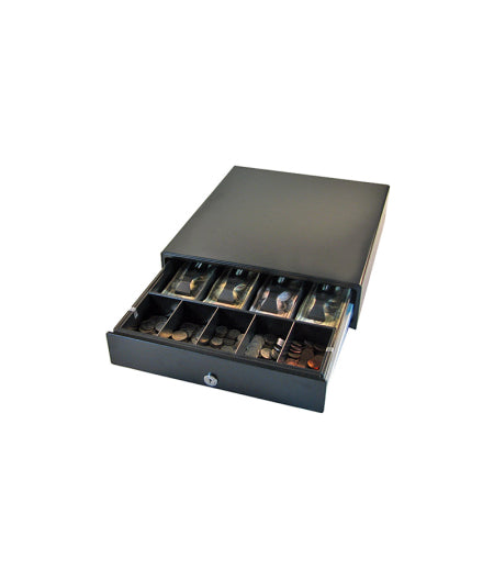 APG, VASARIO SERIES, STANDARD-DUTY CASH DRAWER, MULTIPRO 24V, BLACK, PAINTED FRONT, 16X16, DUAL MEDIA SLOTS, FIXED 5X5 US TILL, REQUIRES CABLE