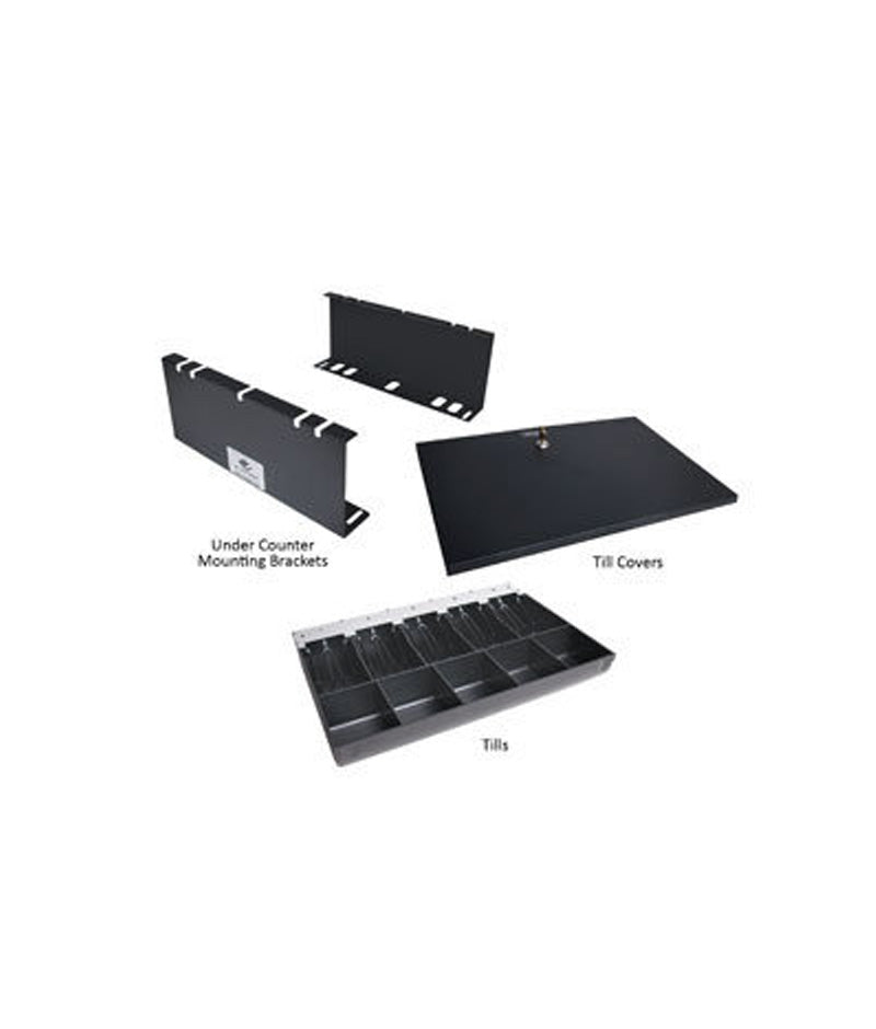 APG, VASARIO SERIES, STANDARD-DUTY CASH DRAWER, MULTIPRO 24V, BLACK, STAINLESS STEEL FRONT, 19X15, DUAL MEDIA SLOTS, FIXED 4X6 TILL