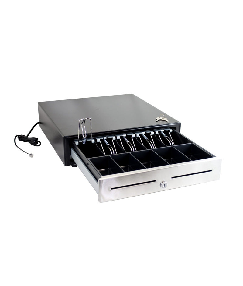 APG, VASARIO SERIES, STANDARD-DUTY CASH DRAWER, MULTIPRO 24V, BLACK, STAINLESS STEEL FRONT, 19X15, DUAL MEDIA SLOTS, FIXED 4X6 TILL