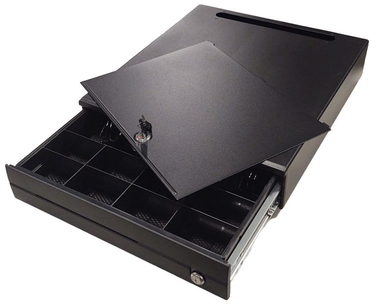 Cash Drawer Deluxe 16" x 17" x 3.54" Black - 5 bill 8 coin Ball Bearing / MicroSwitch and Locking Lid Cable Included