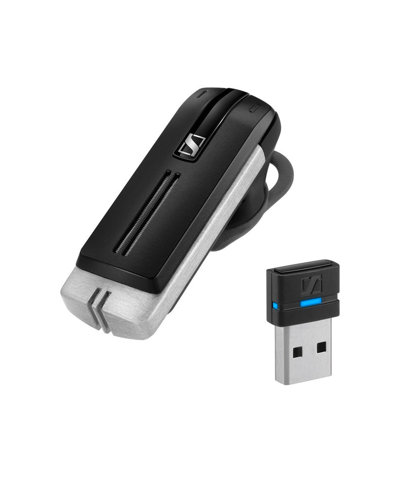PRESENCE Grey UC Single-sided Bluetooth headset with USB dongle, carry case, 4 x ear sleeves, ear hook and USB charging cable. Optimized for Unified Communications and Certified for Skype for Business.