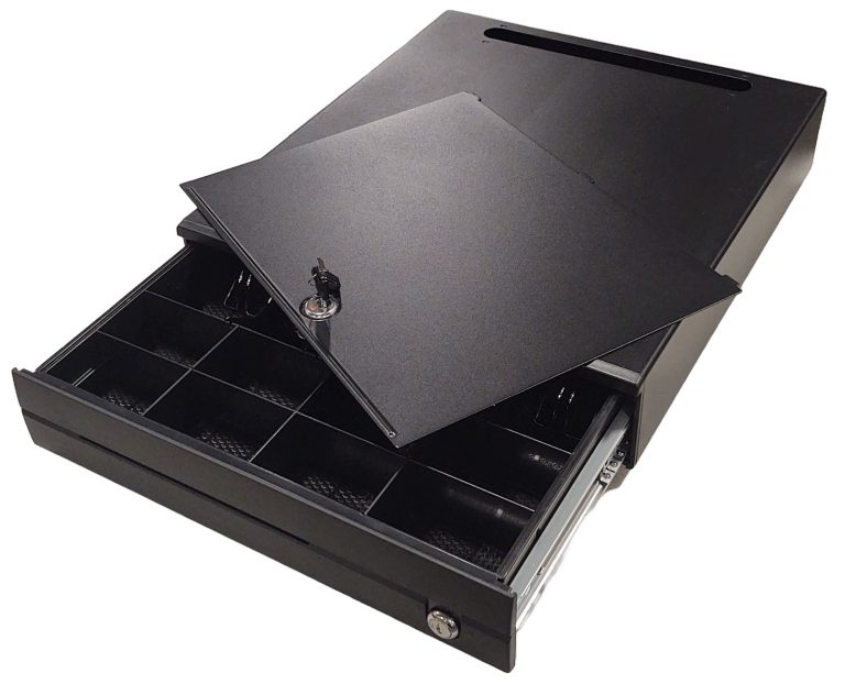 Cash Drawer Deluxe 16" x 17" x 3.54" Black - 5 bill 8 coin Ball Bearing / MicroSwitch and Locking Lid Cable Included 